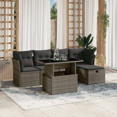 6-Piece Garden Sofa Set with Cushions Grey Poly Rattan Wicker Outdoor Patio Furniture - Image 2