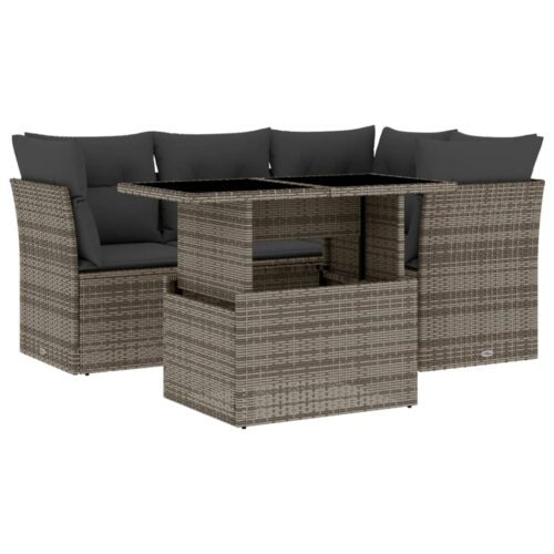 5-Piece Garden Sofa Set with Cushions Grey Poly Rattan Wicker Outdoor Patio Furniture - Image 13