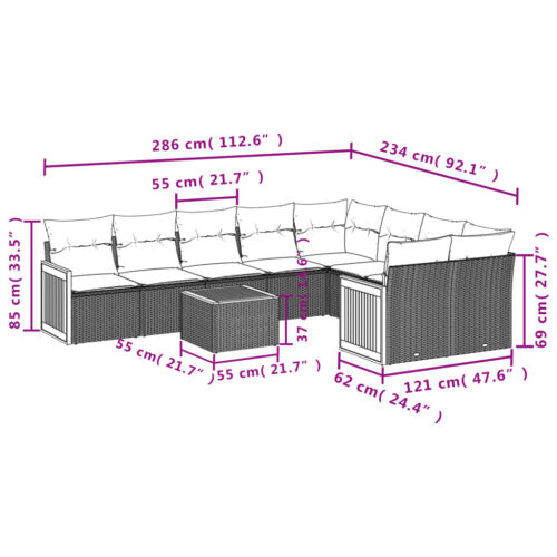 10-Piece Garden Sofa Set with Cushions Grey Poly Rattan Wicker Outdoor Patio Furniture - Image 3