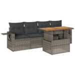 5-Piece Garden Sofa Set with Cushions Grey Poly Rattan Wicker Outdoor Patio Furniture
