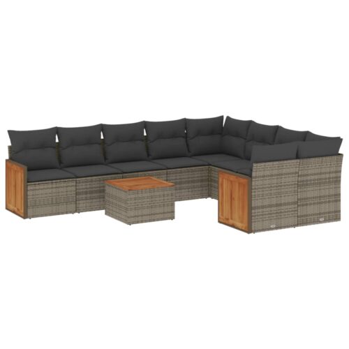 10-Piece Garden Sofa Set with Cushions Grey Poly Rattan Wicker Outdoor Patio Furniture - Image 5