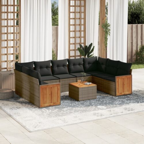 10-Piece Garden Sofa Set with Cushions Grey Poly Rattan Wicker Outdoor Patio Furniture - Image 2