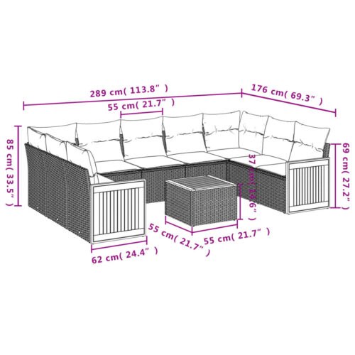10-Piece Garden Sofa Set with Cushions Grey Poly Rattan Wicker Outdoor Patio Furniture - Image 3