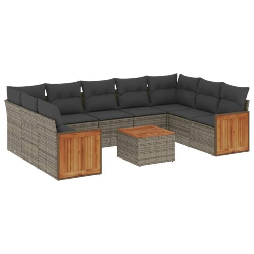 10-Piece Garden Sofa Set with Cushions Grey Poly Rattan Wicker Outdoor Patio Furniture - Image 5