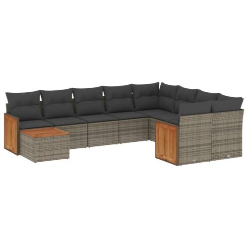 10-Piece Garden Sofa Set with Cushions Grey Poly Rattan Wicker Outdoor Patio Furniture