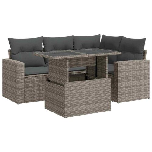 5-Piece Garden Sofa Set with Cushions Grey Poly Rattan Wicker Outdoor Patio Furniture