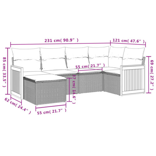 6-Piece Garden Sofa Set with Cushions Grey Poly Rattan Wicker Outdoor Patio Furniture - Image 3