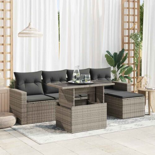 6-Piece Garden Sofa Set with Cushions Grey Poly Rattan Wicker Outdoor Patio Furniture - Image 2