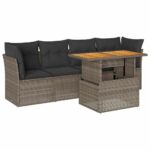 5-Piece Garden Sofa Set with Cushions Grey Poly Rattan Wicker Outdoor Patio Furniture