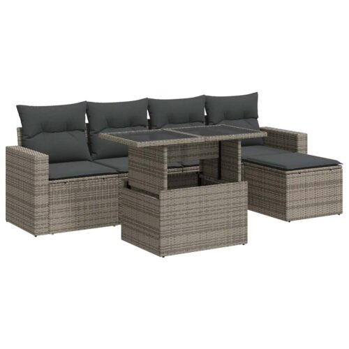6-Piece Garden Sofa Set with Cushions Grey Poly Rattan Wicker Outdoor Patio Furniture - Image 13