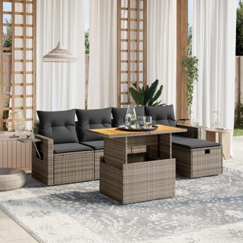 6-Piece Garden Sofa Set with Cushions Grey Poly Rattan Wicker Outdoor Patio Furniture - Image 2