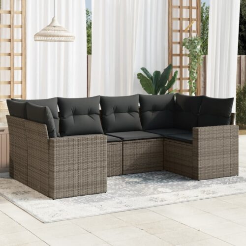 6-Piece Garden Sofa Set with Cushions Grey Poly Rattan Wicker Outdoor Patio Furniture - Image 2