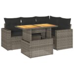5-Piece Garden Sofa Set with Cushions Grey Poly Rattan Wicker Outdoor Patio Furniture