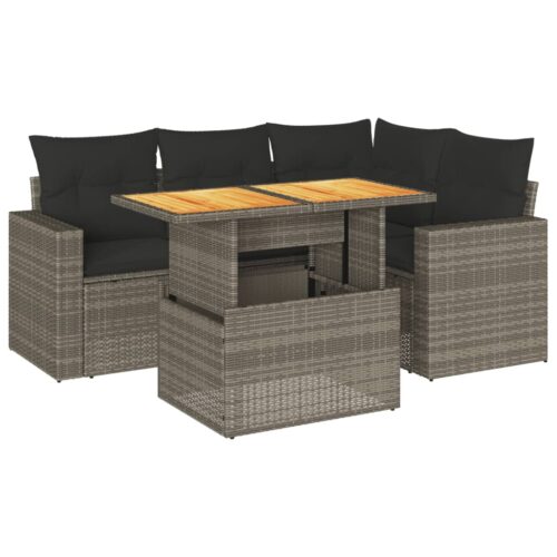 5-Piece Garden Sofa Set with Cushions Grey Poly Rattan Wicker Outdoor Patio Furniture