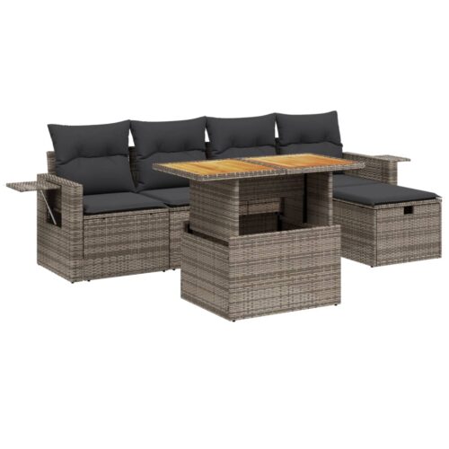 6-Piece Garden Sofa Set with Cushions Grey Poly Rattan Wicker Outdoor Patio Furniture - Image 6