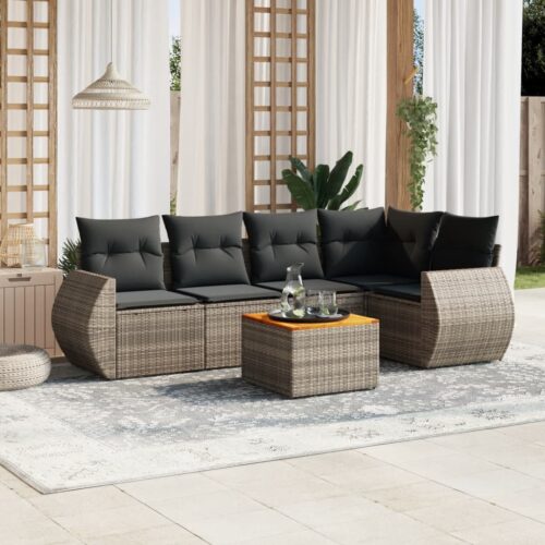 6-Piece Garden Sofa Set with Cushions Grey Poly Rattan Wicker Outdoor Patio Furniture - Image 2