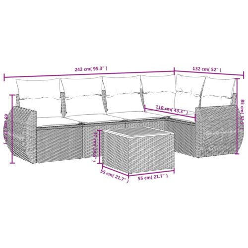 6-Piece Garden Sofa Set with Cushions Grey Poly Rattan Wicker Outdoor Patio Furniture - Image 3