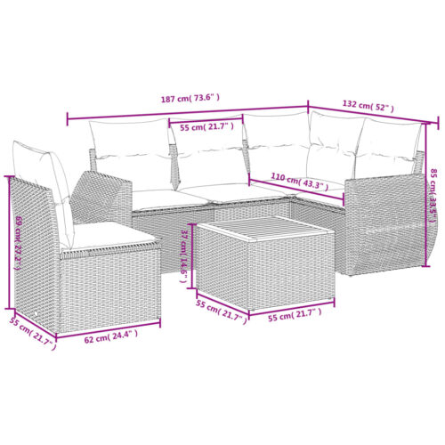 6-Piece Garden Sofa Set with Cushions Grey Poly Rattan Wicker Outdoor Patio Furniture - Image 3