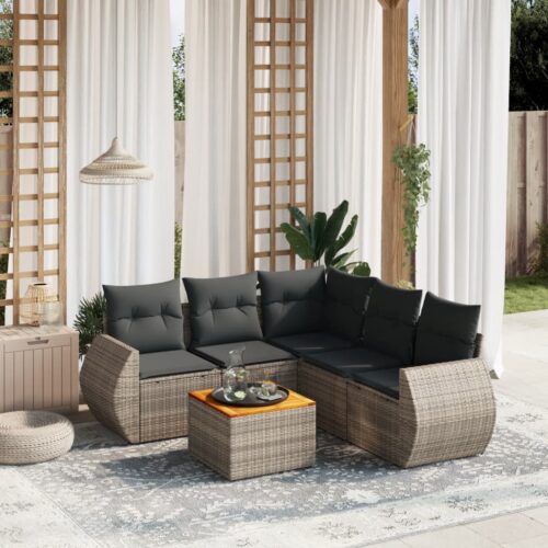 6-Piece Garden Sofa Set with Cushions Grey Poly Rattan Wicker Outdoor Patio Furniture - Image 2