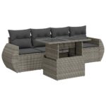5-Piece Garden Sofa Set with Cushions Grey Poly Rattan Wicker Outdoor Patio Furniture