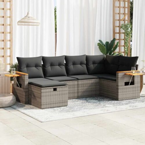 6-Piece Garden Sofa Set with Cushions Grey Poly Rattan Wicker Outdoor Patio Furniture - Image 2