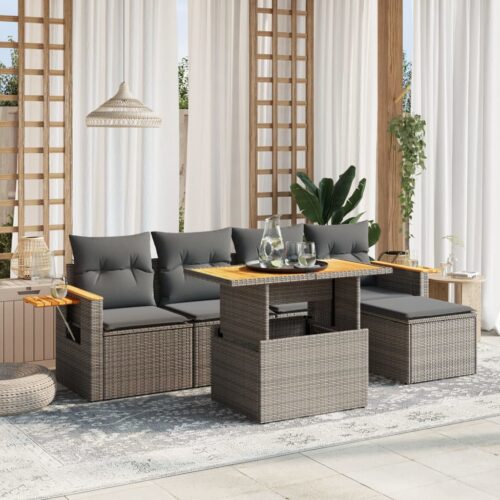 6-Piece Garden Sofa Set with Cushions Grey Poly Rattan Wicker Outdoor Patio Furniture - Image 2
