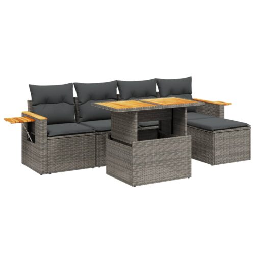 6-Piece Garden Sofa Set with Cushions Grey Poly Rattan Wicker Outdoor Patio Furniture - Image 5