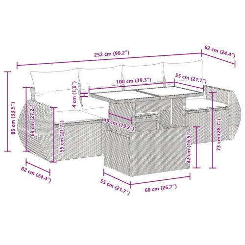 5-Piece Garden Sofa Set with Cushions Grey Poly Rattan Wicker Outdoor Patio Furniture - Image 12