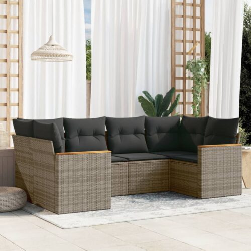 6-Piece Garden Sofa Set with Cushions Grey Poly Rattan Wicker Outdoor Patio Furniture - Image 2