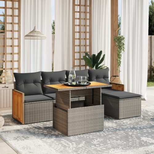 6-Piece Garden Sofa Set with Cushions Grey Poly Rattan Wicker Outdoor Patio Furniture - Image 2