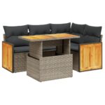 5-Piece Garden Sofa Set with Cushions Grey Poly Rattan Wicker Outdoor Patio Furniture