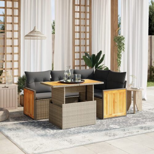 5-Piece Garden Sofa Set with Cushions Grey Poly Rattan Wicker Outdoor Patio Furniture - Image 2
