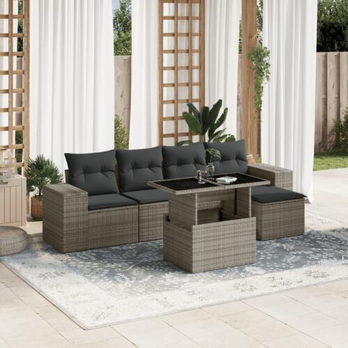 6-Piece Garden Sofa Set with Cushions Grey Poly Rattan Wicker Outdoor Patio Furniture - Image 2
