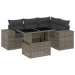 5-Piece Garden Sofa Set with Cushions Grey Poly Rattan Wicker Outdoor Patio Furniture