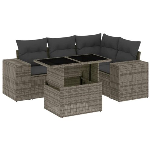 5-Piece Garden Sofa Set with Cushions Grey Poly Rattan Wicker Outdoor Patio Furniture