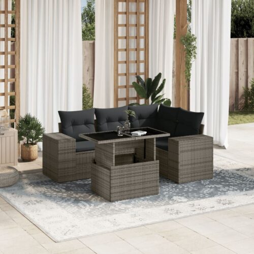 5-Piece Garden Sofa Set with Cushions Grey Poly Rattan Wicker Outdoor Patio Furniture - Image 2