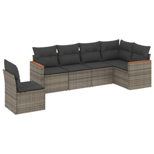 6-Piece Garden Sofa Set with Cushions Grey Poly Rattan Wicker Outdoor Patio Furniture