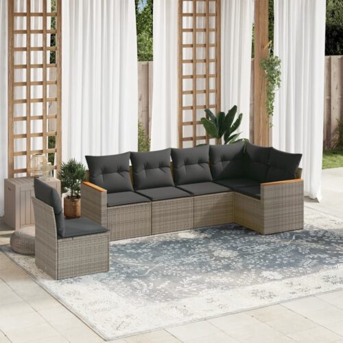 6-Piece Garden Sofa Set with Cushions Grey Poly Rattan Wicker Outdoor Patio Furniture - Image 2