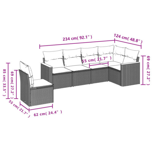6-Piece Garden Sofa Set with Cushions Grey Poly Rattan Wicker Outdoor Patio Furniture - Image 3