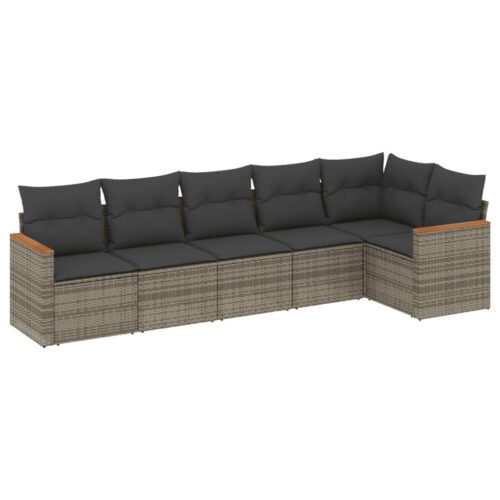 6-Piece Garden Sofa Set with Cushions Grey Poly Rattan Wicker Outdoor Patio Furniture - Image 5