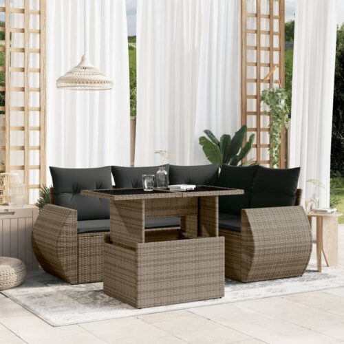 5-Piece Garden Sofa Set with Cushions Grey Poly Rattan Wicker Outdoor Patio Furniture - Image 2