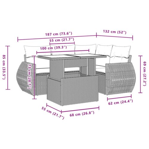 5-Piece Garden Sofa Set with Cushions Grey Poly Rattan Wicker Outdoor Patio Furniture - Image 10