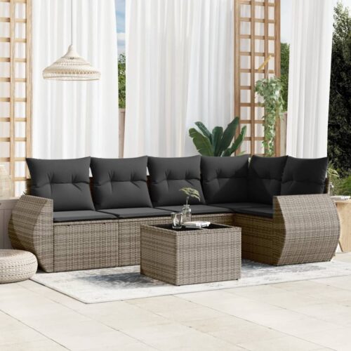 6-Piece Garden Sofa Set with Cushions Grey Poly Rattan Wicker Outdoor Patio Furniture - Image 2