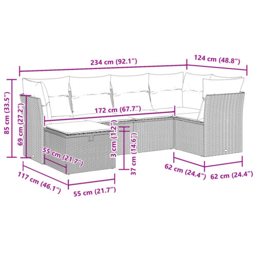 6-Piece Garden Sofa Set with Cushions Grey Poly Rattan Wicker Outdoor Patio Furniture - Image 11