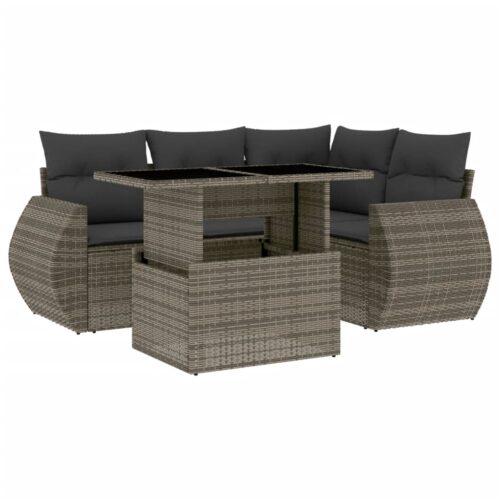 5-Piece Garden Sofa Set with Cushions Grey Poly Rattan Wicker Outdoor Patio Furniture - Image 13