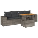 5-Piece Garden Sofa Set with Cushions Grey Poly Rattan Wicker Outdoor Patio Furniture