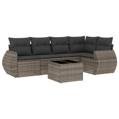 6-Piece Garden Sofa Set with Cushions Grey Poly Rattan Wicker Outdoor Patio Furniture - Image 5