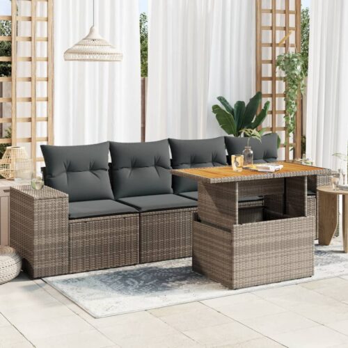 5-Piece Garden Sofa Set with Cushions Grey Poly Rattan Wicker Outdoor Patio Furniture - Image 2