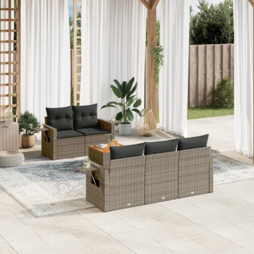 6-Piece Garden Sofa Set with Cushions Grey Poly Rattan Wicker Outdoor Patio Furniture - Image 2