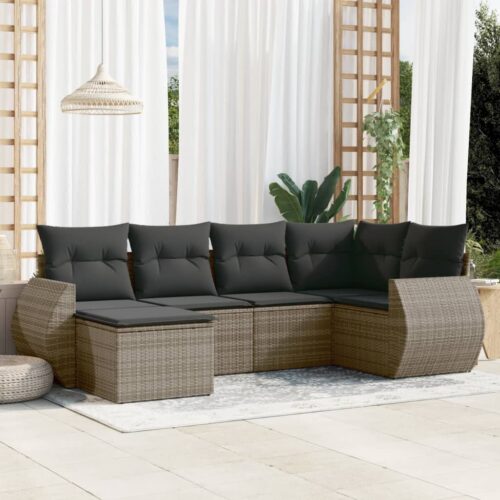 6-Piece Garden Sofa Set with Cushions Grey Poly Rattan Wicker Outdoor Patio Furniture - Image 2